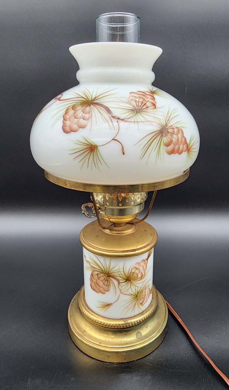 Vintage Brass Table Lamp w/ Hand‑Painted Pinecone Milk Glass Shade, 16.5"  Tall